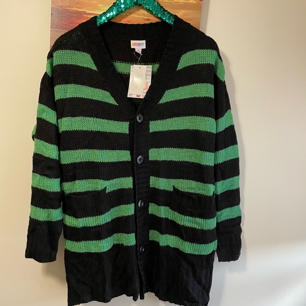 Lularoe Lucille chunky knit sweater oversized green striped nwt shamrock green